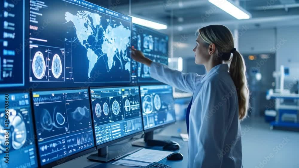 Aufkleber medical professional analyzing brain scans and global data on multiple screens in a lab
