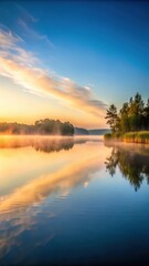 Obraz premium A serene and peaceful lake at dawn with mist rising from the water