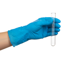 Hand in blue glove holding test tube with liquid isolated on transparent background