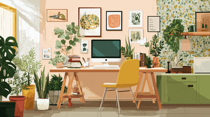 Fototapeta premium A flat vector illustration of a modern minimalist home office shows a desk with a computer, plants, and wall art, all styled in warm tones.