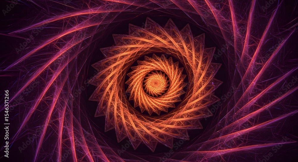 Poster abstract swirling vortex design with orange center and purple edges representing energy dynamics and