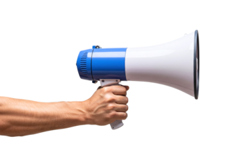 Hand holding red and white megaphone isolated on transparent background