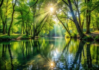 Fototapeta premium forest scene with sunlight filtering through trees