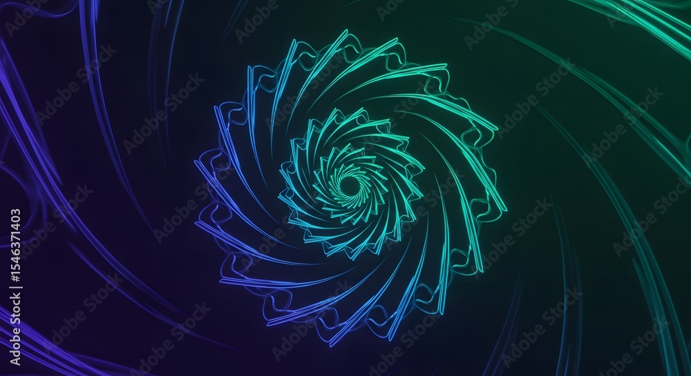 Poster abstract swirl of light particles in blue and green gradient background glowing vortex of digital li