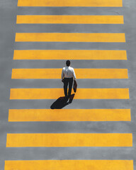 Top view of an employee crossing the street. Captures urban movement, modern work life, and daily commute with clean composition and city atmosphere.