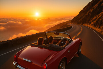 A red convertible car is driving down a road with a beautiful sunset in the background. The couple in the car is enjoying the view and the ride