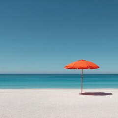 Orange beach umbrella on white sand, turquoise water, clear sky