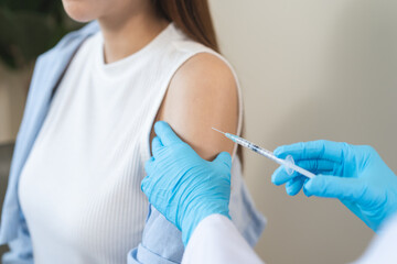 Health care, corona virus, hand of woman nurse, doctor giving syringe vaccine, injection dose on...