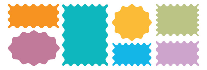 Zig zag edge rectangle shape collection. Geometric shapes with scallop and zigzag edges set. Silhouette stickers circle, square, oval and rectangle labels.