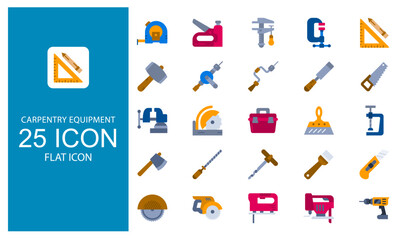 Carpentry Equipment Element Flat Icon vector illustration bundle. Solid flat design Package.