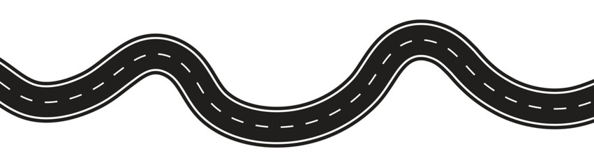 A Winding curves road isolated on a transparent background. Traffic curved highway. Horizontal asphalt road template. winding road from top view. vector illustration. 