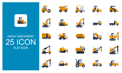 Heavy Machinery icon set. Icon Vector Heavy Equipment and construction vehicles symbol in flat design style set.
