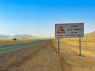 This road passes through the desert in Saudi Arabia. Sign (Caution camels crossing)