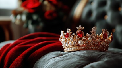 The image showcases an exquisite golden crown adorned with red jewels and pearls, elegantly resting on a plush, richly colored background, symbolizing royalty and beauty.
