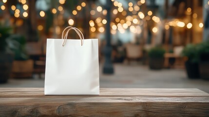 A minimalist white shopping bag placed gracefully on a rustic wooden table, surrounded by warm, shimmering bokeh lights, creating a serene and inviting atmosphere.