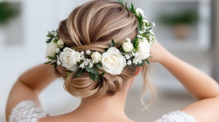 A beautiful updo hairstyle adorned with white roses and greenery, perfect for weddings and special occasions, showcasing elegance and charm in this close-up view.