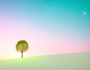 朝焼けの丘の上に立つ木のイラスト背景素材