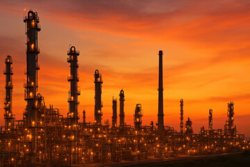 A large industrial complex with many tall buildings and a sunset in the background. The sky is orange and the buildings are lit up
