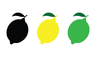 Minimalist vector illustration of three lemons in black, yellow, and green with simple leaf accents, ideal for food design, fruit icons, health themes, or modern organic visuals.