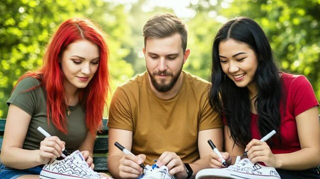 Creative Shoe Customization: Three friends collaborate on a fun art project, customizing sneakers with colorful markers outdoors.