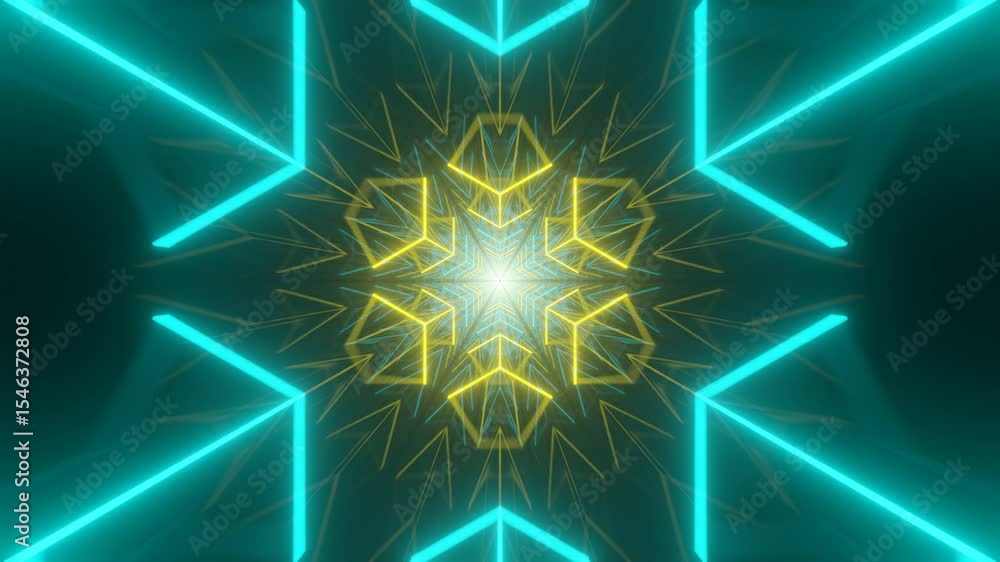 Poster geometric tunnel lined with reflective surfaces and illuminated by intense cyan and yellow neon ligh