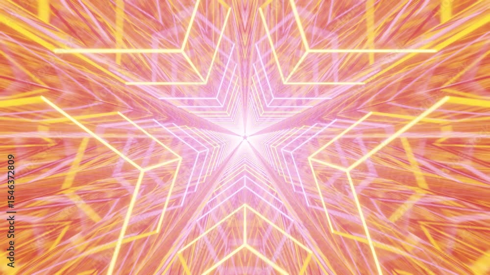 Poster mirror-lined geometric tunnel animated with orange and light violet neon lights, seamless loop video