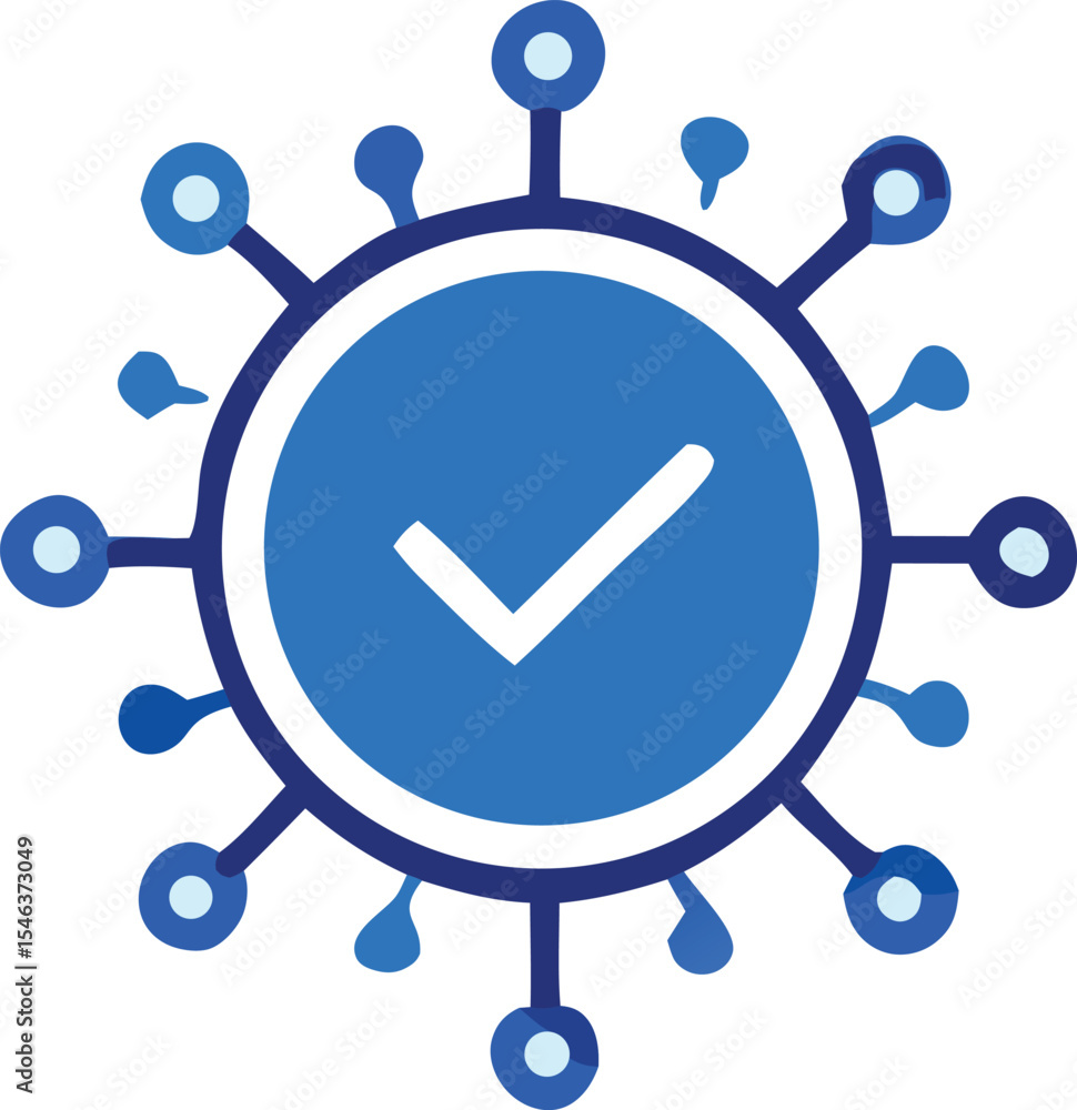 Poster abstract blue checkmark icon with connected nodes representing network approval or system validation
