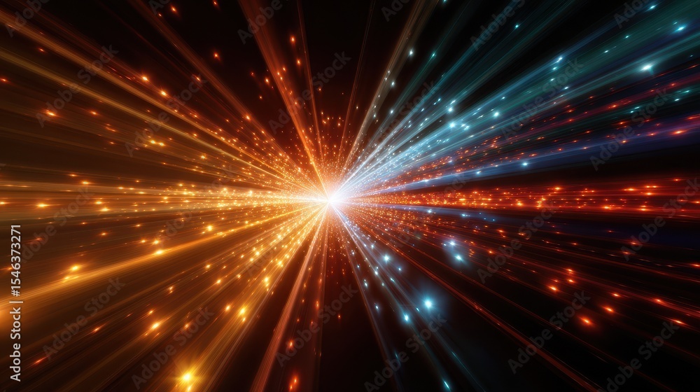 Poster explosive bursts of light radiate from a central point, creating a dynamic and vibrant visual effect