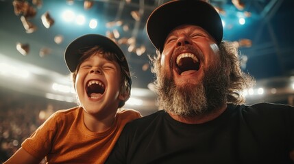 A heartwarming moment is captured as a father and son share uncontrollable laughter together in a lively atmosphere, showcasing their cherished bond and happiness.