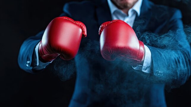 A determined businessman dons a suit while wearing red boxing gloves, symbolizing resilience and readiness to face challenges and competition in the corporate world.