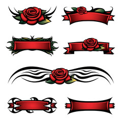 Vibrant red roses are depicted with bold black swirls and accents, creating a striking contrast against a white background. The design combines elegance with artistic flair.