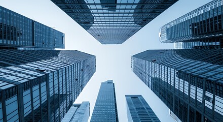 Modern Blue Glass Skyscrapers Looking Upward Toward Light Sky