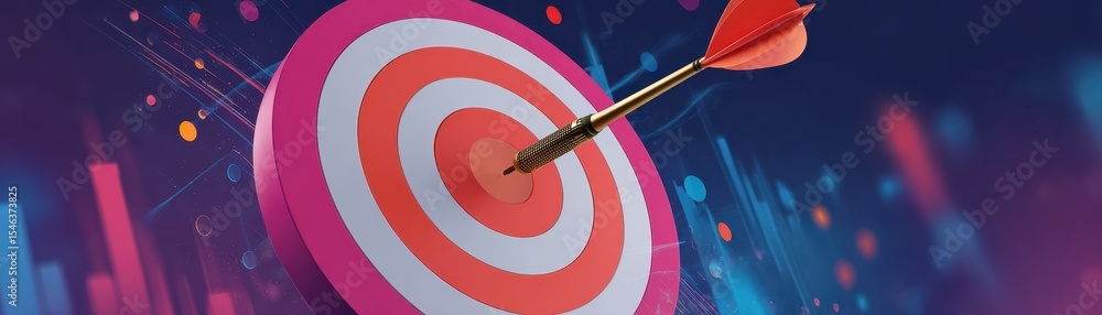 Poster colorful dartboard with an arrow hitting the center, set against a dynamic digital background symbol