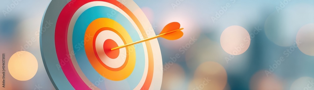 Poster colorful target with an arrow hitting the center, symbolizing precision and focus, set against a blu
