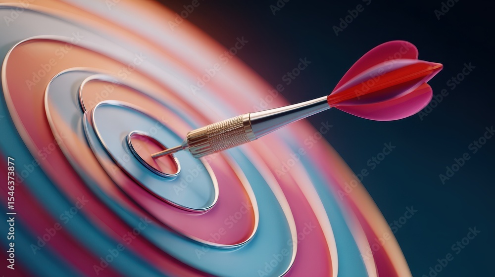 Poster a dart with a heart-shaped tail hits the bullseye, creating colorful concentric circles in the backg