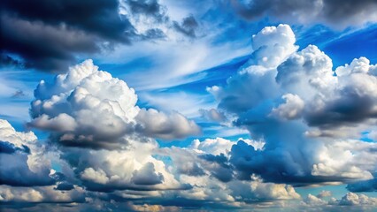 Clouds on blue sky with soft white puffy clouds and few high level dark grey clouds in the background