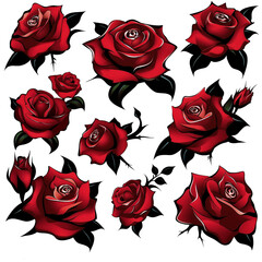 Vibrant red roses are depicted with bold black swirls and accents, creating a striking contrast against a white background. The design combines elegance with artistic flair.