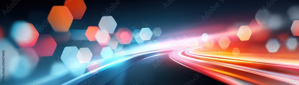 Poster vibrant light trails and hexagonal bokeh create a dynamic, abstract background evoking motion and en