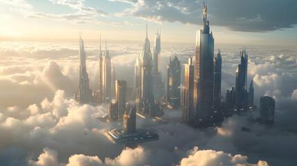Majestic futuristic city above cloudscape with towering skyscrapers