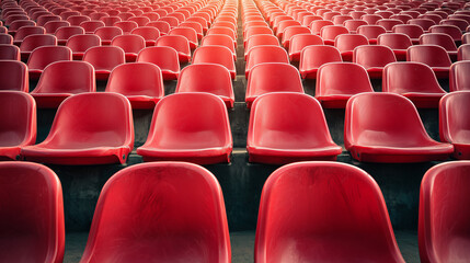 Naklejka premium Rows of red football stadium seats arranged uniformly. Captures energy, passion, and anticipation of a match day in a vibrant, structured sports environment.