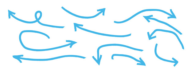 Arrows hand drawn doodle icons set. pencil arrow doodles set - hand drawn swirls, curved lines, chaotic pointers. Curved cartoon arrows sketches collection. Sign, Symbol, Hand drawn arrow collection
