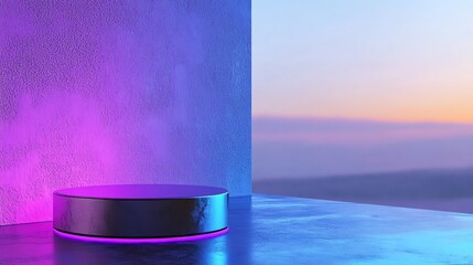 Minimalist Podium with Neon Purple and Blue Lighting