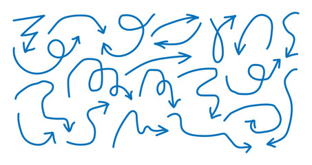 Arrows hand drawn doodle icons set. pencil arrow doodles set - hand drawn swirls, curved lines, chaotic pointers. Curved cartoon arrows sketches collection. Sign, Symbol, Hand drawn arrow collection

