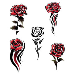 Vibrant red roses are depicted with bold black swirls and accents, creating a striking contrast against a white background. The design combines elegance with artistic flair.