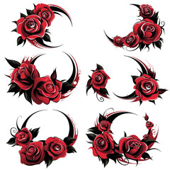 Vibrant red roses are depicted with bold black swirls and accents, creating a striking contrast against a white background. The design combines elegance with artistic flair.