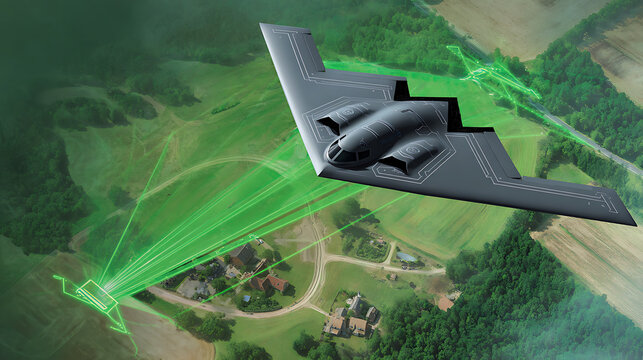 Stealth bomber releasing six SDBs in precise fan-out pattern with laser designation dot blinking, target building showing stress fractures amidst chaos and destruction.