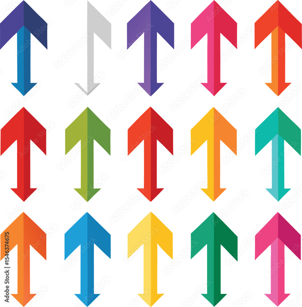 Poster collection of fifteen colorful upward and downward arrows in a grid pattern