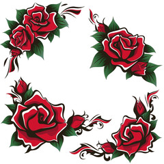 Vibrant red roses are depicted with bold black swirls and accents, creating a striking contrast against a white background. The design combines elegance with artistic flair.