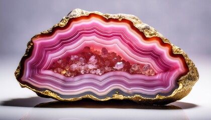 semiprecious geode slice with vibrant pink and purple crystal center