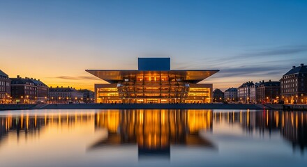 Illuminated Architectural Building Reflecting on Water at Dusk